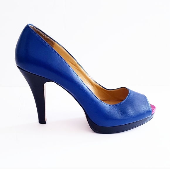 NINE WEST Blue & Pink Peep-Toe Platform Pumps